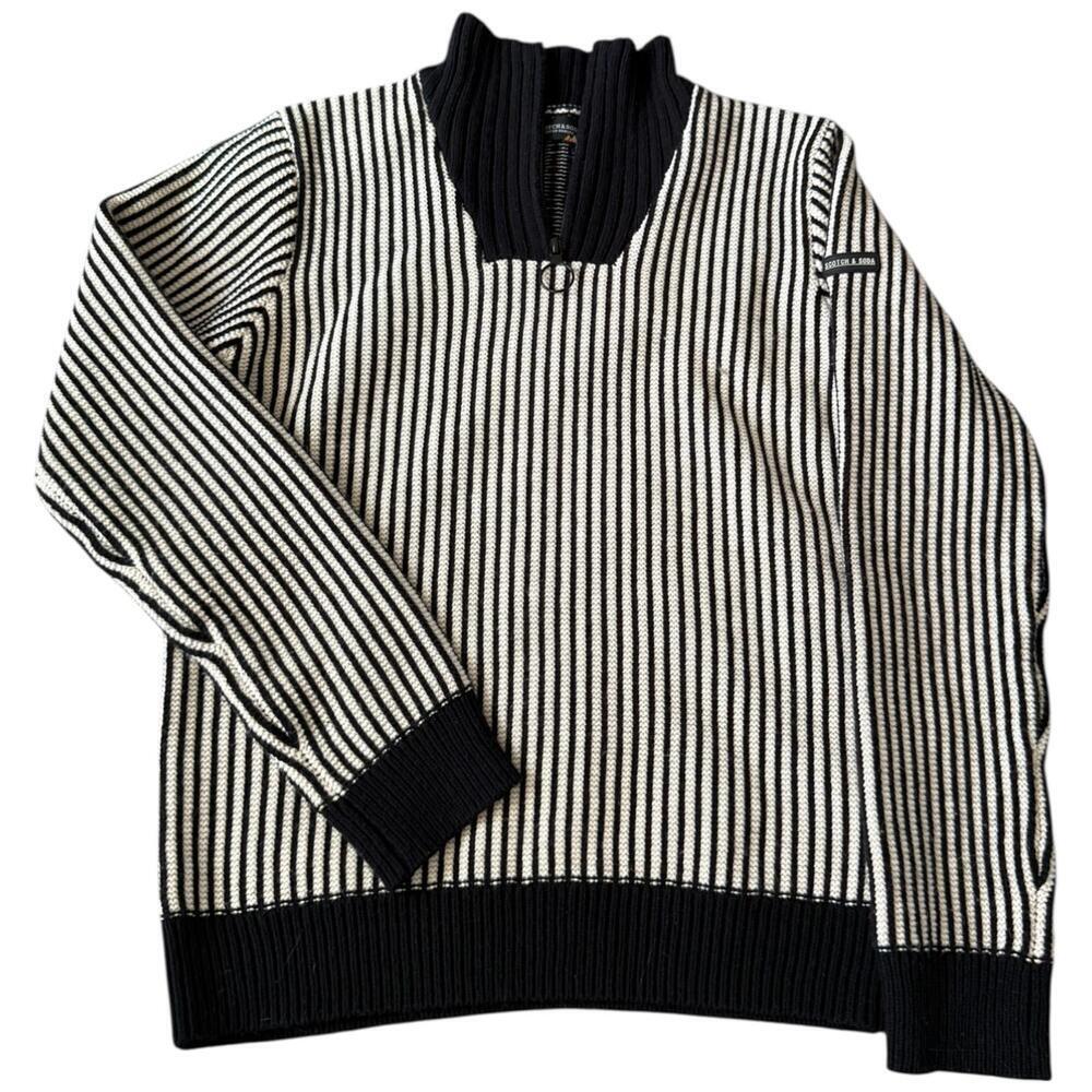 Scotch & Soda Striped Half Zip Sweater Black White Ribbed Knit Size 14 XL
